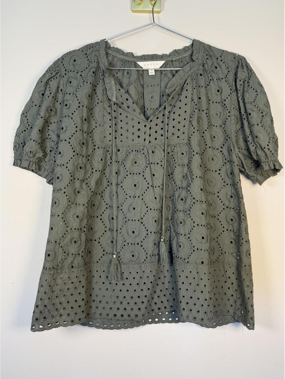Adiva Olive Eyelet Tassel Tie Blouse